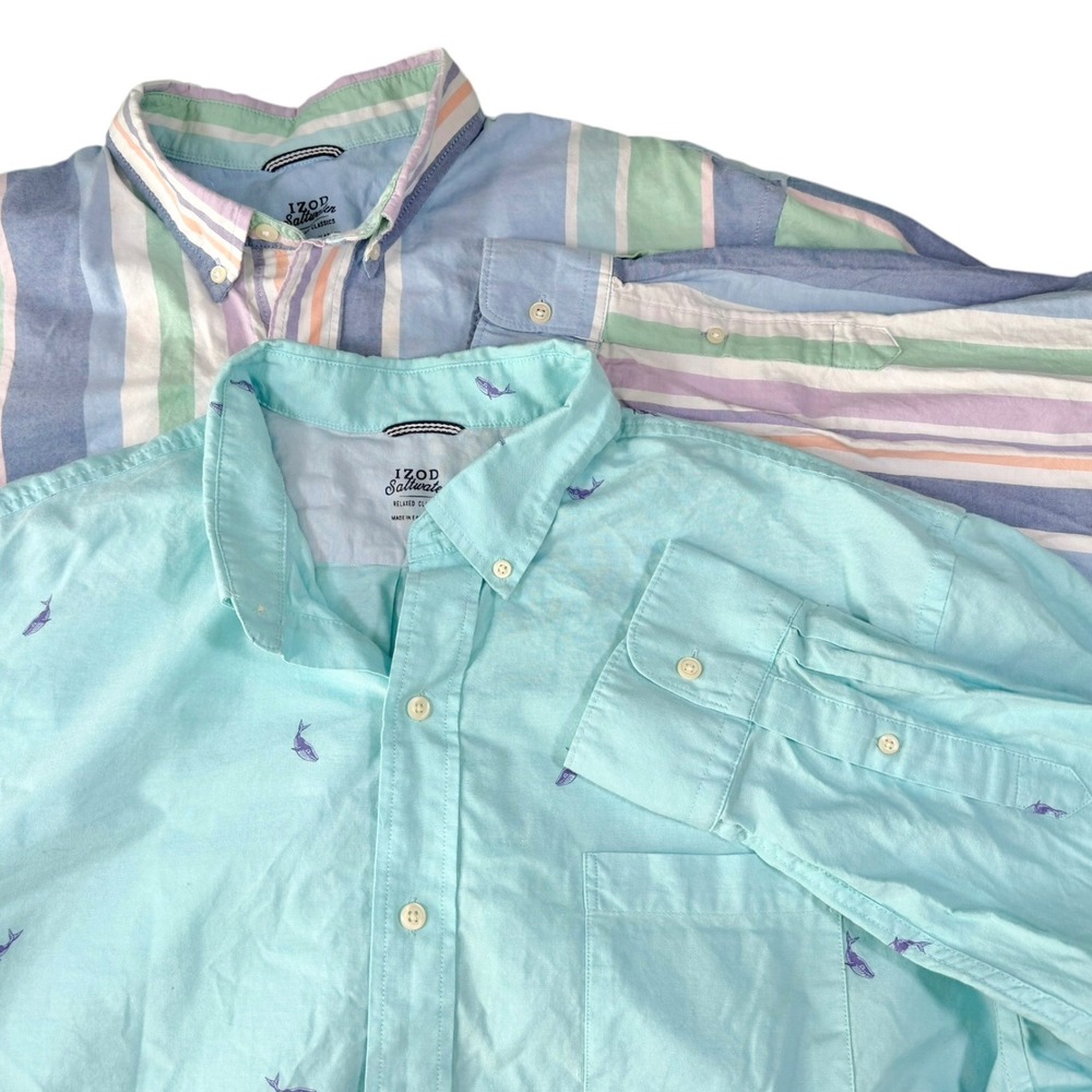 2pck IZOD XL Blue Multi Button Down Shirt Bundle Whale Stripe Coastal Preppy